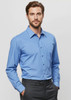A blue long sleeve button-up shirt with a chest pocket, featuring a logo on the label.