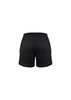 Black sports shorts with an elastic waistband and a logo on the side. Designed for kids' active wear.