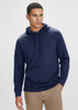 A navy blue men's hoodie featuring a front pocket and a drawstring hood, with a logo on the chest.