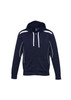 A navy hoodie featuring a zip front and white detailing, with a hood and long sleeves. It has a logo on the chest.