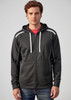 A men's black hoodie with a zip front, featuring contrasting details and an attached hood. Includes branding.