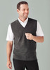 A dark grey men's vest with a V-neck design, worn over a white short-sleeved shirt. Features a branding logo.