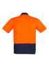 A unisex short sleeve polo shirt in bright orange and navy, featuring a logo on the back.