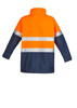 A lightweight waterproof jacket featuring orange and navy colours with reflective stripes and a collar.