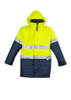 A waterproof lightweight jacket with a bright yellow upper, navy lower, reflective stripes, and a hood. It features pockets and a logo.