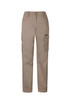 Khaki women's essential basic stretch cargo pants with multiple pockets and a logo branding on the side.