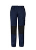 A pair of navy women's work pants with black panels and a side cargo pocket, featuring a brand logo.