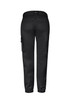A pair of black women's work pants with a cargo style and elastic cuffs, featuring a logo on the back.