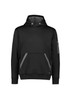 A black unisex water-resistant hoodie featuring a front pocket and an arm logo. Ideal for workwear.
