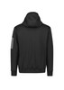 A black unisex water-resistant hoodie featuring a hood and a sleeve logo. The back view showcases a sleek design.
