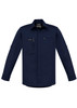 A navy long-sleeve work shirt with a button-up front and a chest pocket. Features a logo on the label.