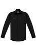 A black long-sleeved men's shirt featuring a pocket and a logo. Suitable for workwear and outdoor activities.