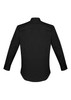 A black long sleeve button-up shirt with a smooth fabric and a logo on the back.