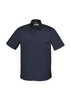 A navy short sleeve shirt with a collar, featuring two chest pockets and a logo on the side sleeve.
