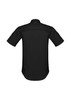 A black men's short sleeve shirt featuring a streamlined design and a logo on the back.