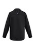 A black long sleeve button-up shirt featuring a back yoke and logo, designed for outdoor use.