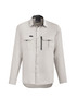 A light grey long sleeve button-up shirt featuring two front pockets and a zip pocket, with a logo on the chest.