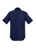 A navy blue men's outdoor short sleeve shirt with a button-up design and a logo on the back.