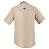 A short sleeve men's outdoor button-up shirt in a light beige colour, featuring a logo on the back.