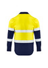 A lightweight long sleeve work shirt in yellow and navy, featuring reflective stripes and a logo.