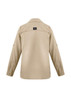 A beige women's outdoor long sleeve button-up shirt with a logo on the back.