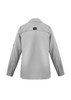 A women's long sleeve button-up shirt in grey, featuring a logo on the back.