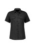 A black women's outdoor short sleeve shirt featuring a button-up front and multiple pockets, including a zippered one.