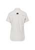 A light grey women's outdoor short sleeve shirt featuring a back yoke and logo on the upper back.