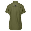 A short-sleeve women's outdoor shirt in olive green with a logo on the back.