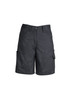 A pair of women's plain black utility shorts with multiple pockets and a button closure. It features a logo.