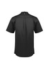A black short sleeve chef shirt with a button closure and a logo on the back.