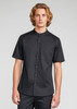 A short sleeve chef shirt in black featuring a collared neck and a chest pocket. Includes a logo.