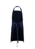 A navy blue apron featuring adjustable neck straps and a tie at the waist. The design includes a logo.