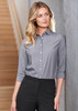 A women's 3/4 sleeve button-up shirt in a striped pattern, featuring a collar and button details.