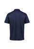 A navy blue men's short sleeve polo shirt with a smooth fabric finish and a branded logo.