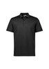 A black short sleeve polo shirt featuring a collar and buttons, with a logo on the chest.