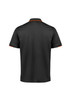 A black men's short sleeve polo shirt featuring contrasting orange trim and a logo on the back.