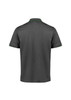 A grey men's short sleeve polo shirt with green detailing and a logo. Features a classic collar and a relaxed fit.