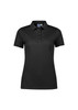 A black women's short sleeve polo shirt with a collar and buttons, featuring a logo.