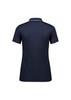 A navy blue women's short sleeve polo shirt with a collar and an embroidered logo.