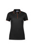 A women's black polo shirt with short sleeves and orange accents, featuring a collar and buttons.