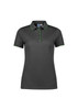 A womens short sleeve polo shirt in dark grey with green accents. It features a collar and buttons, plus a logo.