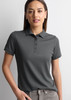 A women's short sleeve polo shirt in grey, featuring a classic collar and button placket. Includes a logo.