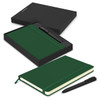A green Moleskine notebook and black pen displayed within a black gift box. The set includes an elastic band and ribbon bookmark.