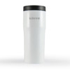 A drink bottle in white with a black lid and a simple logo, designed for travel mug use.