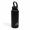 A drink bottle in matte black with a carry handle and a logo on the front.