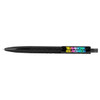 A black geometric ballpoint pen featuring a multicoloured logo. The pen has a textured grip and a retractable tip.