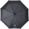 A black foldable auto open/close umbrella with a central hub and a logo on the underside.