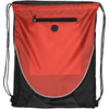 A red and black drawstring backpack featuring a zippered pocket and a mesh panel, with a logo on the front.