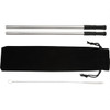 A set of two silver stainless steel straws with black silicone tips, a cleaning brush, and a black pouch.